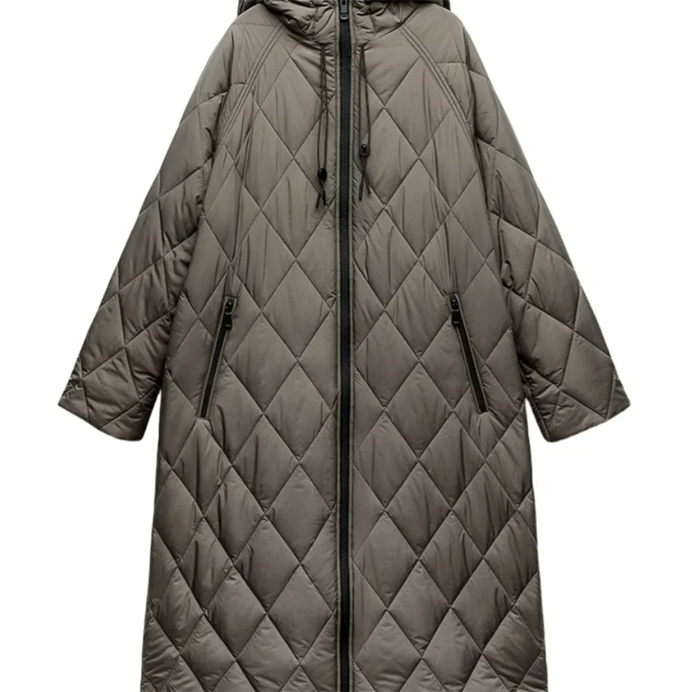 Street-Wave Quilted Knee-Length Women Jacket With Zipper