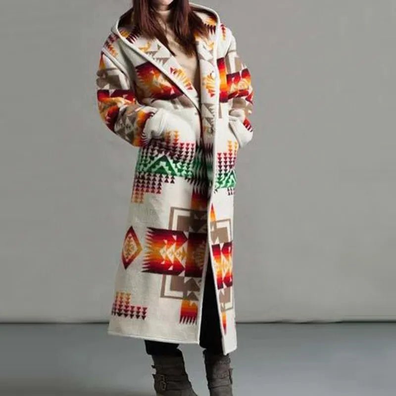 Street Wave Ethnic Long Coat For Women Cozy Warmth With Bold Geometric Pattern Outerwear