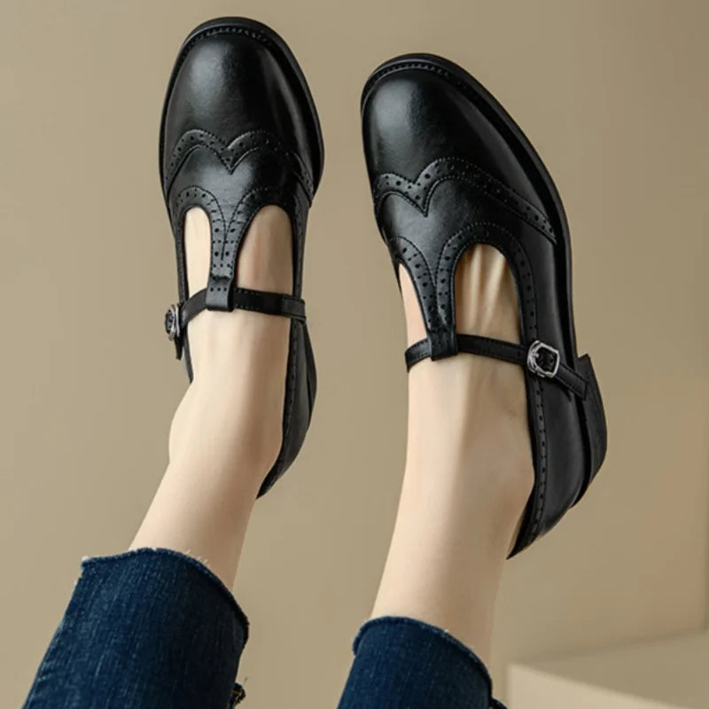 Women's T-Strap Shoes with Low Block Heel and Adjustable Buckle