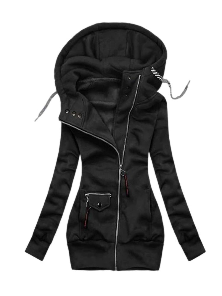 Street-Wave Hooded Zip Jacket For Women Warm Cozy Fleece-Lined Interior With Drawstring Hood