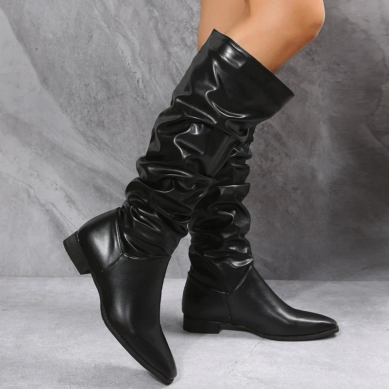 Street-wave Knee High PU Leather Punk Boots With Folded Pleats For Bold Edgy Women