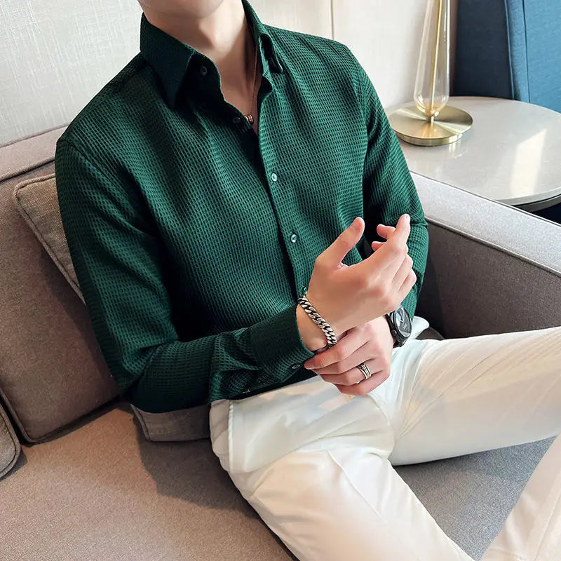 Landon Waffle Knit Polo Shirt For Men Slim Fit With Textured Fabric Wrinkle Resistant Street-Wave
