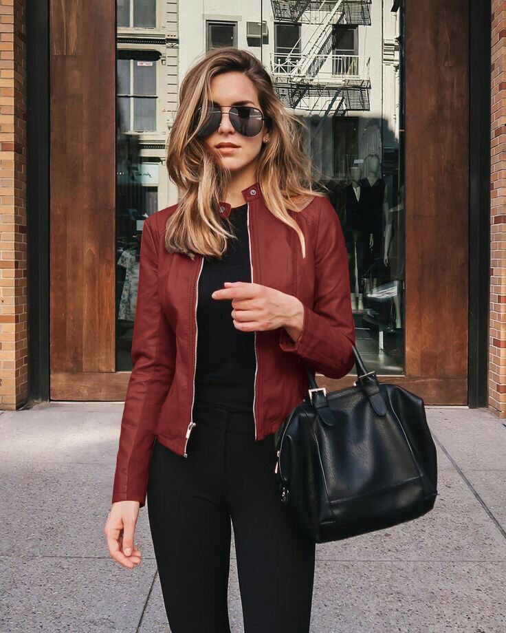 Street-wave Women Slim Fit Leather Jacket With Stand Collar For Urban Chic Minimalist Style