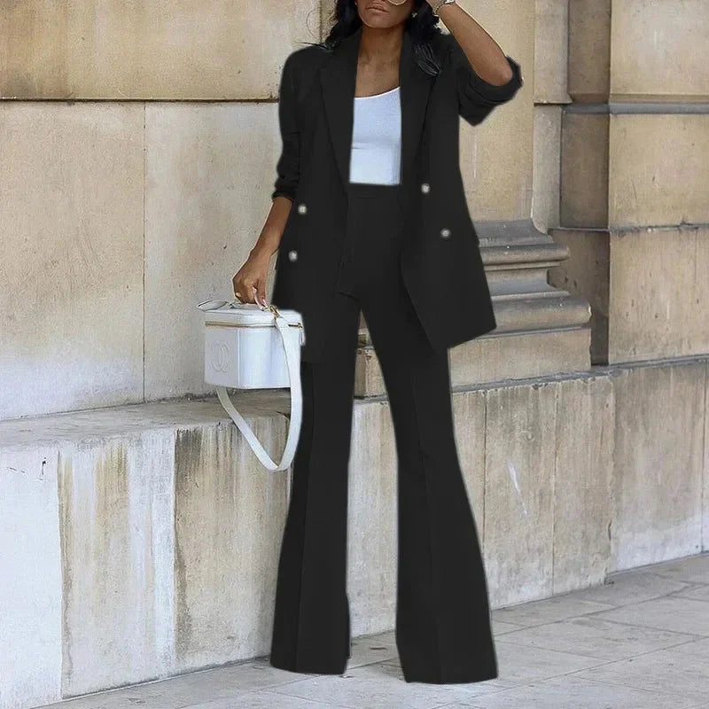 Street-Wave Double-Breasted Blazer Flared Trousers Women
