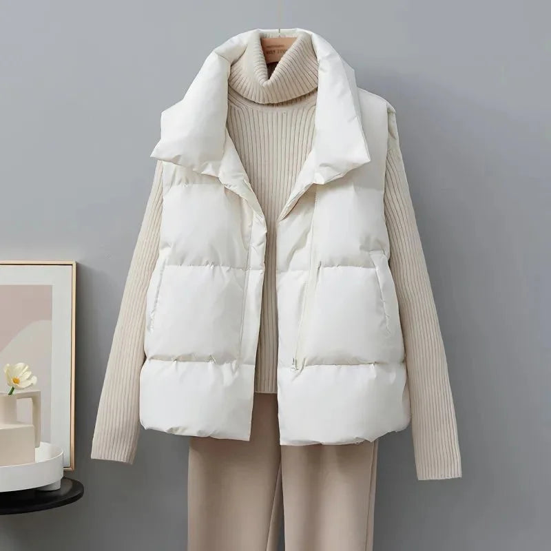 Street-wave Short Puffer Vest With High Collar Minimalist Polyester For Women Cozy Comfort