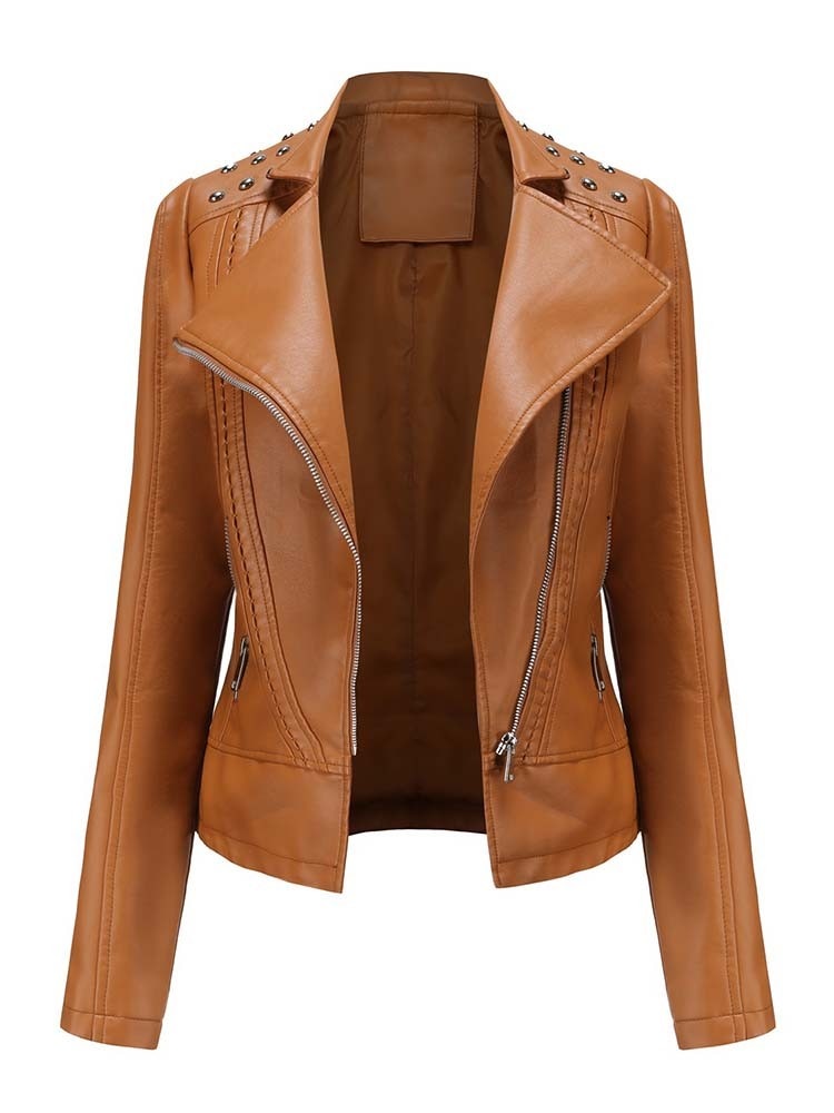 Street-Wave PU Leather Jacket For Women With Studded Shoulders And Zippered Sleeves Chic All Season Outerwear