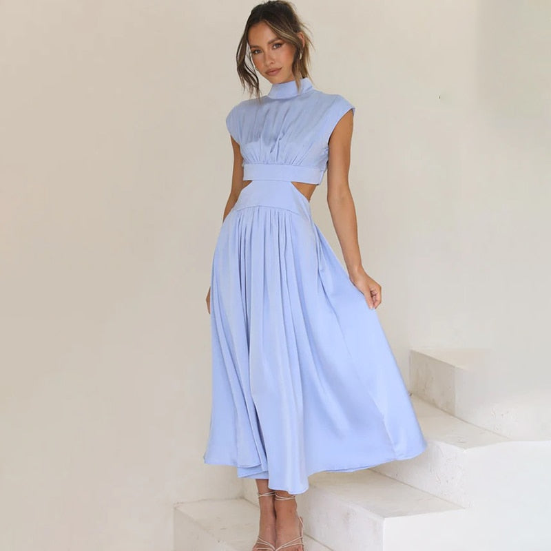 Streetwave Green Pleated Cutout Maxi Dress For Women With Elegant High Neck And Flowing Skirt