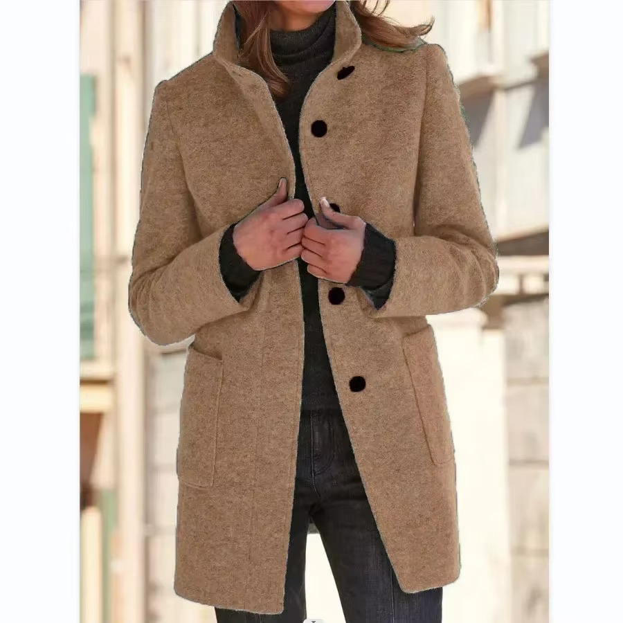 Spring 2025 Women’s Cotton Coat Black Stand Collar Casual Long Sleeve with Button Pockets