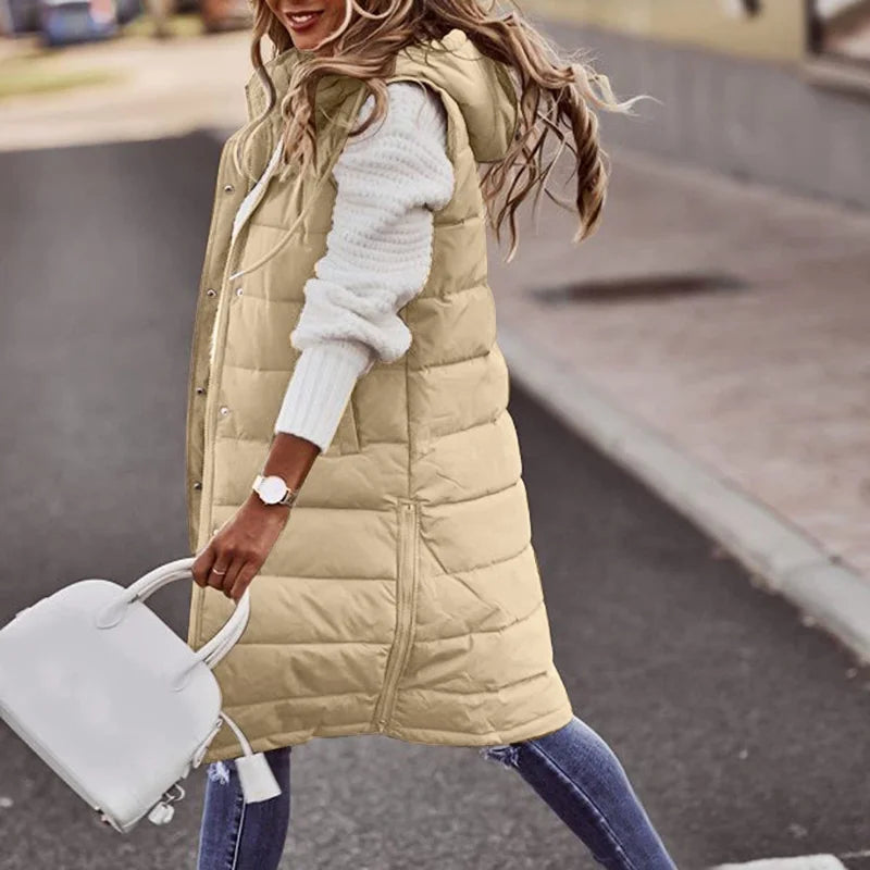 Streetwave Puffer Vest With Hood For Women Cozy Warm Longline Polyester Coat Trendy