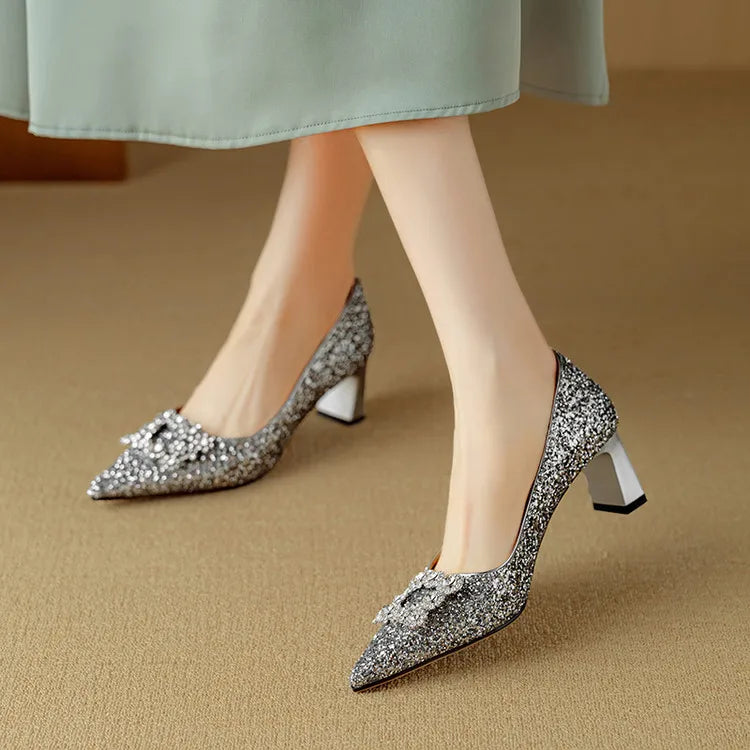 Women's Glitter Block Heel Pumps with Pointed Toe and Crystal Buckle