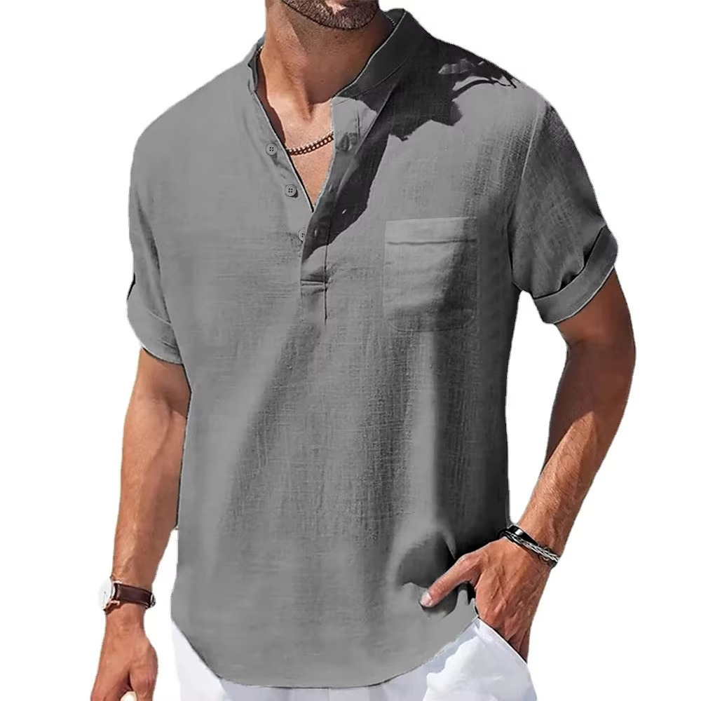Men's Summer Cotton Linen Henley Shirt Short Sleeve Casual Breathable Navy Top Lightweight