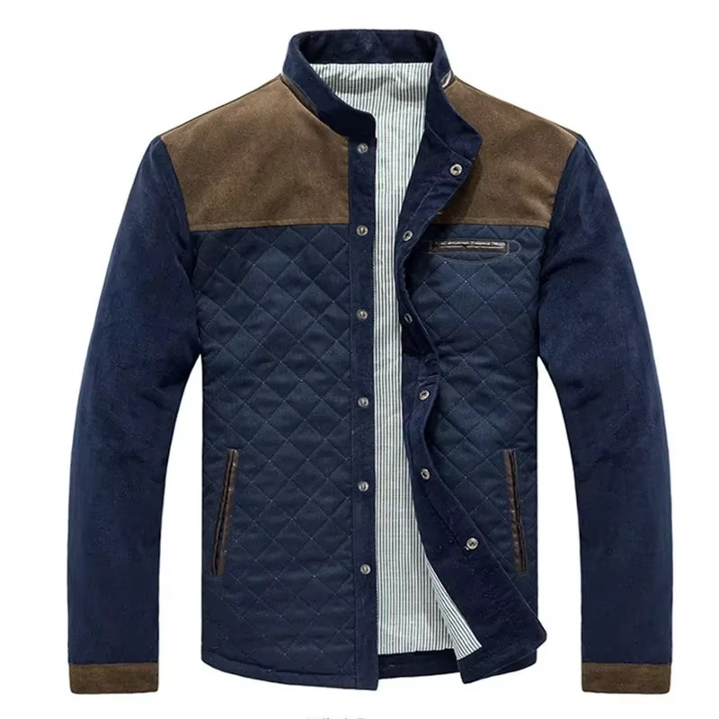 Street-Wave Men's Quilted Bomber Jacket With Navy Denim Sleeves Lightweight Windbreaker For Spring And Autumn