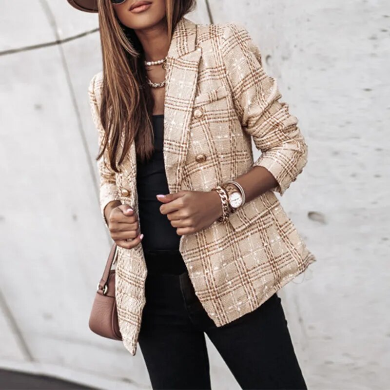 Street-wave Plaid Blazer For Women Warm Cozy Luxury With Textured Tweed Look And Timeless Style