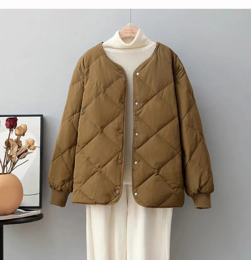 Street-Wave Women's Quilted Crewneck Jacket With Button Closure, Versatile Chic Outerwear