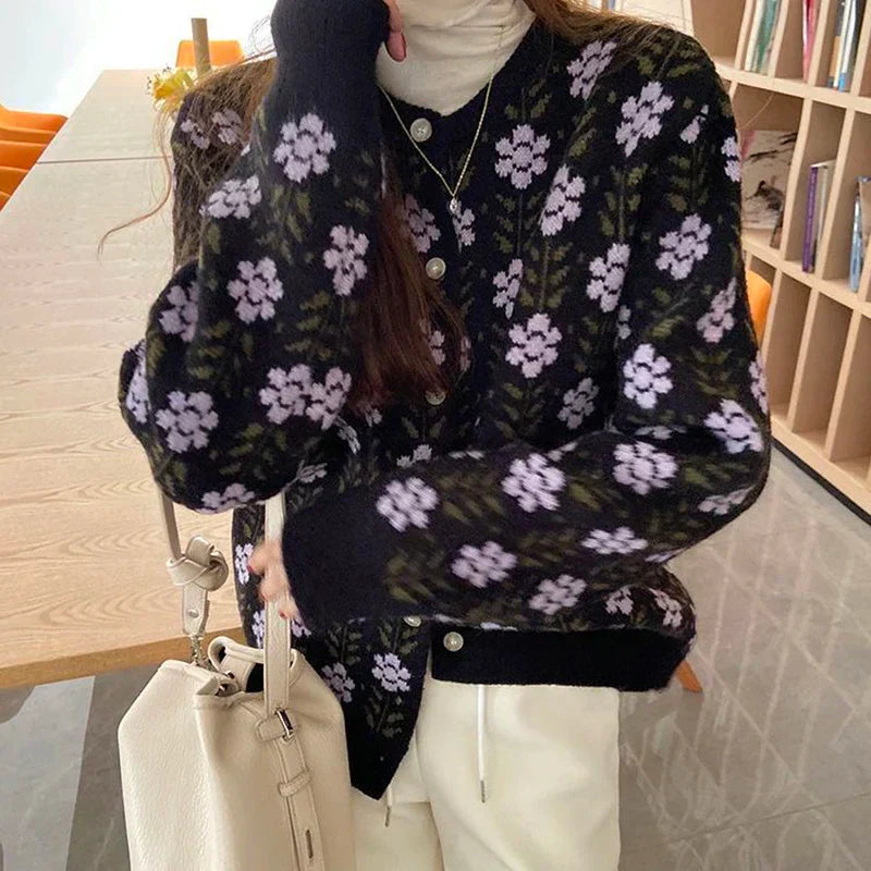 Street Wave Floral Wishes Cardigan For Women Cozy Acrylic Knit With Elegant Flower Pattern