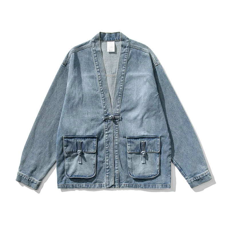 Shinjuku Ronin Denim Kimono Jacket For Men With Wide Sleeves And Large Front Pockets Street-Wave