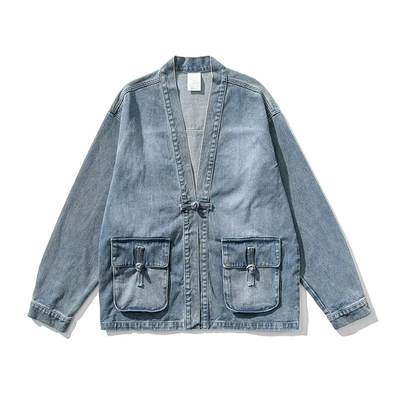 Street-Wave Mens Vintage Denim Kimono Jacket With Front Pockets Casual Chinese Style Button Jeans Coat Streetwear