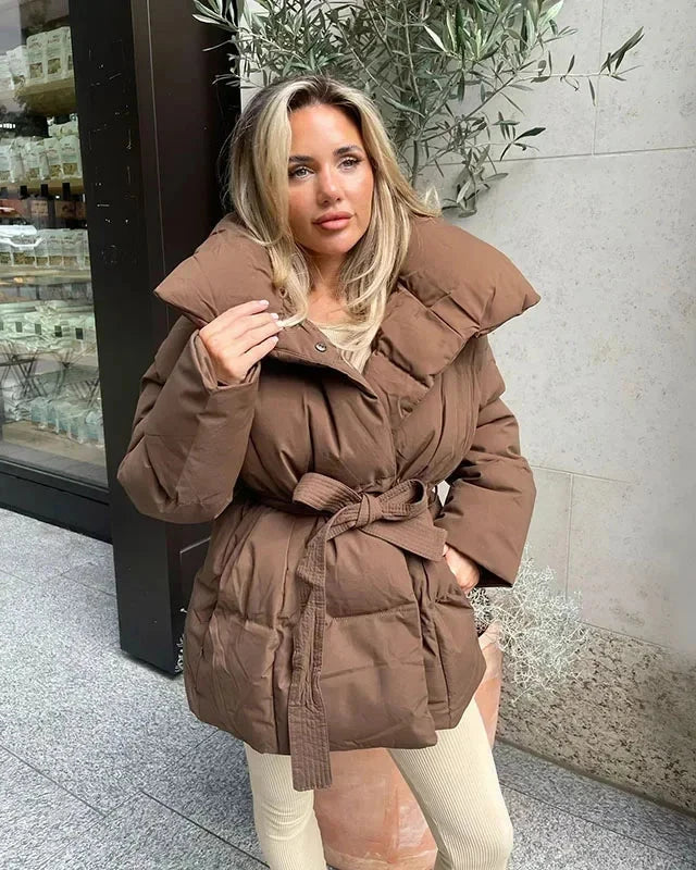 Street-wave Puffer Coat For Women With Belt And Oversized Collar Warm Brown Winter Coat