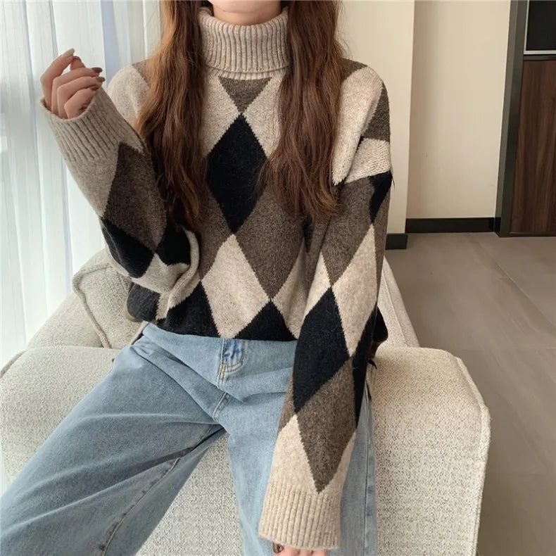 Street-wave Women's Cozy Argyle Knit Pullover Sweater for Autumn Winter Warmth and Comfort
