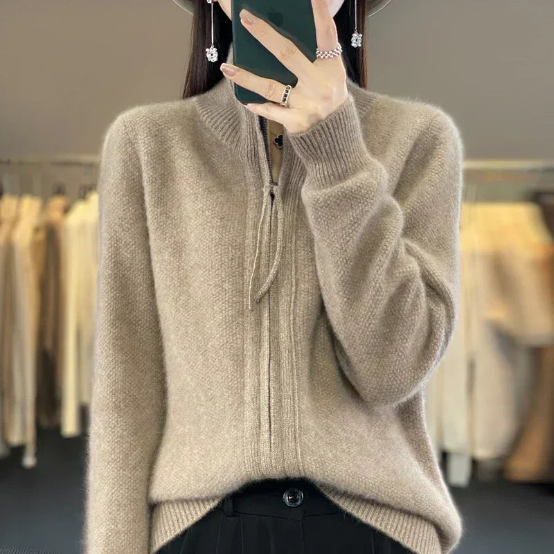 Streetwave Wool Cardigan With Double Zipper And High Collar For Women Soft And Elegant Everyday Wear