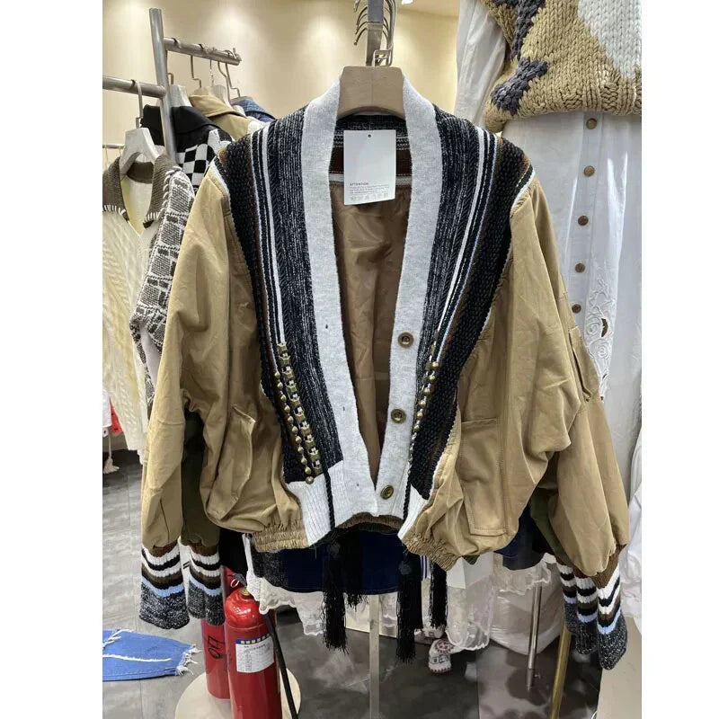 Street-wave Patchwork Bomber Jacket For Streetwear Lovers Durable Polyester With Tassel Drawstring Hem