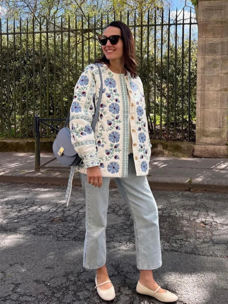 Women's Jacket - Embroidered Floral Pattern - Straight Cut - Round Neck - Long-Sleeved