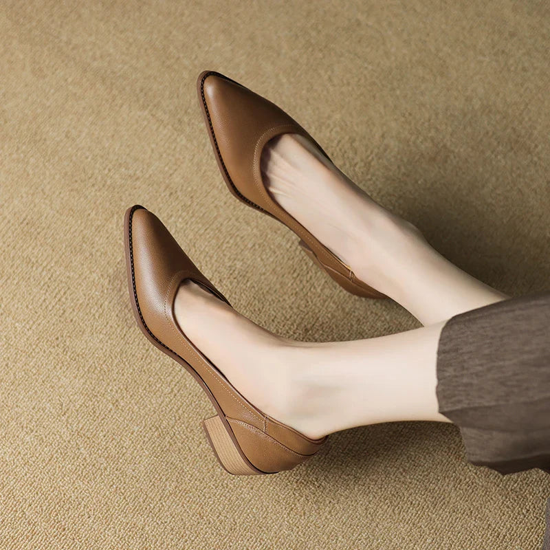 Women's Slip-On Block Heel Pumps with Pointed Toe and Mid Heel