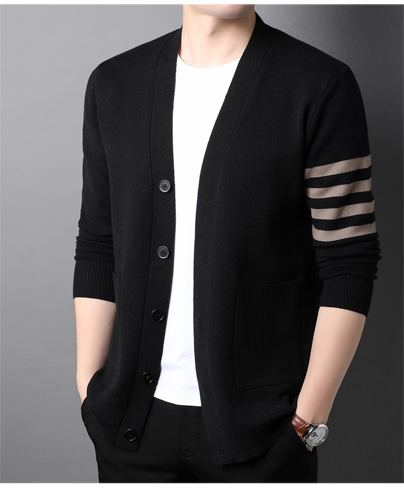 Street-wave Men's Transitional Pullover Knit Cardigan With Striped Sleeve Detail
