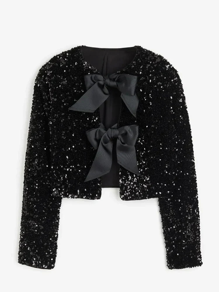 Street-Wave Cropped Sequin Jacket For Women Warm Lined FigureFlattering Chic Partywear