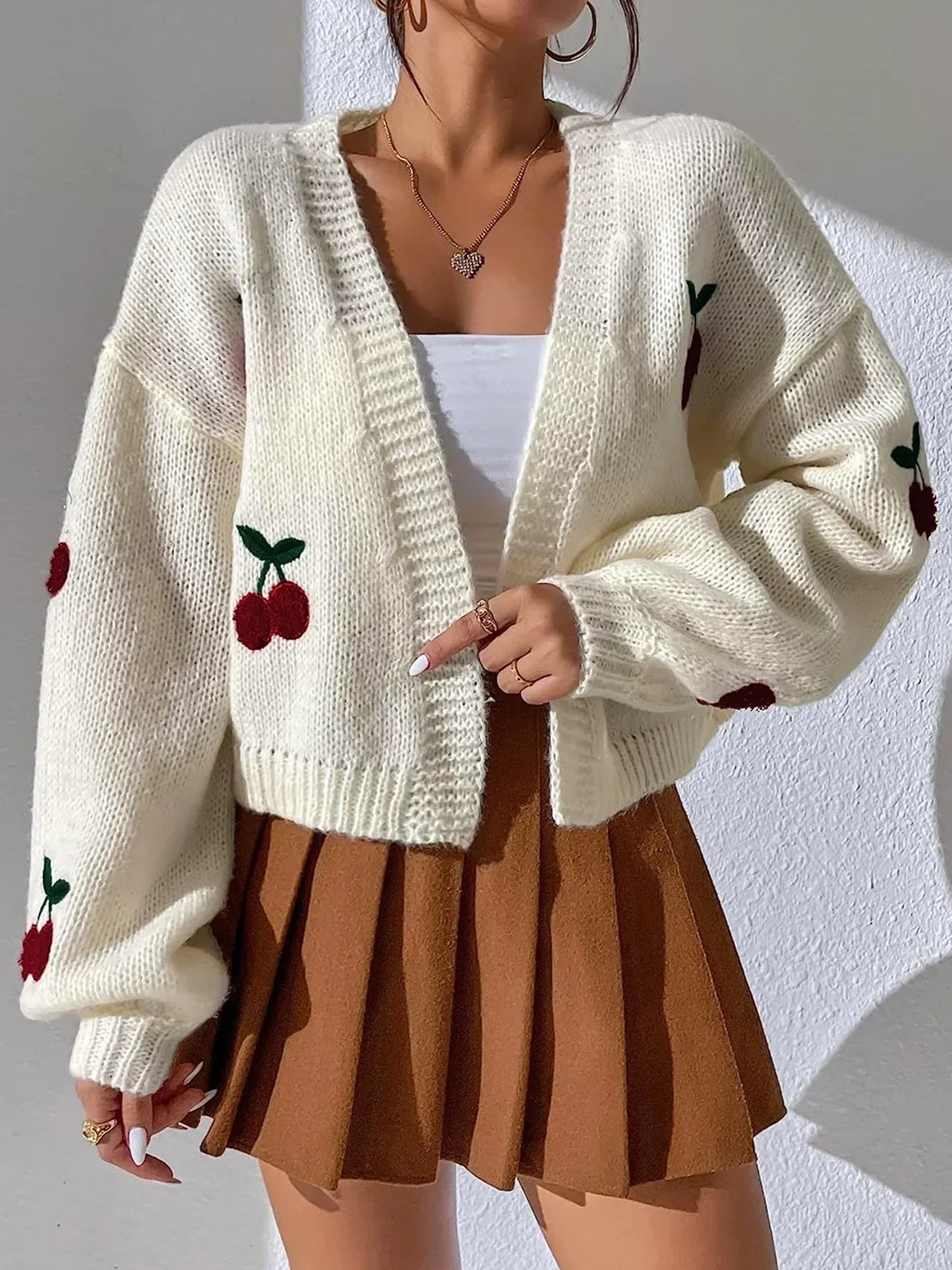 Street-Wave Comes Sunshine Cardigan With Cherry Embroidery Cozy Knit Oversized Fit For Women