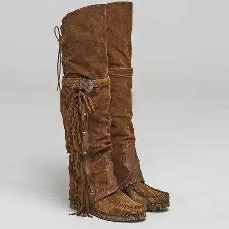 Street-wave Knee High Boots With Fringe And Adjustable Shaft Details For Fashionable Women