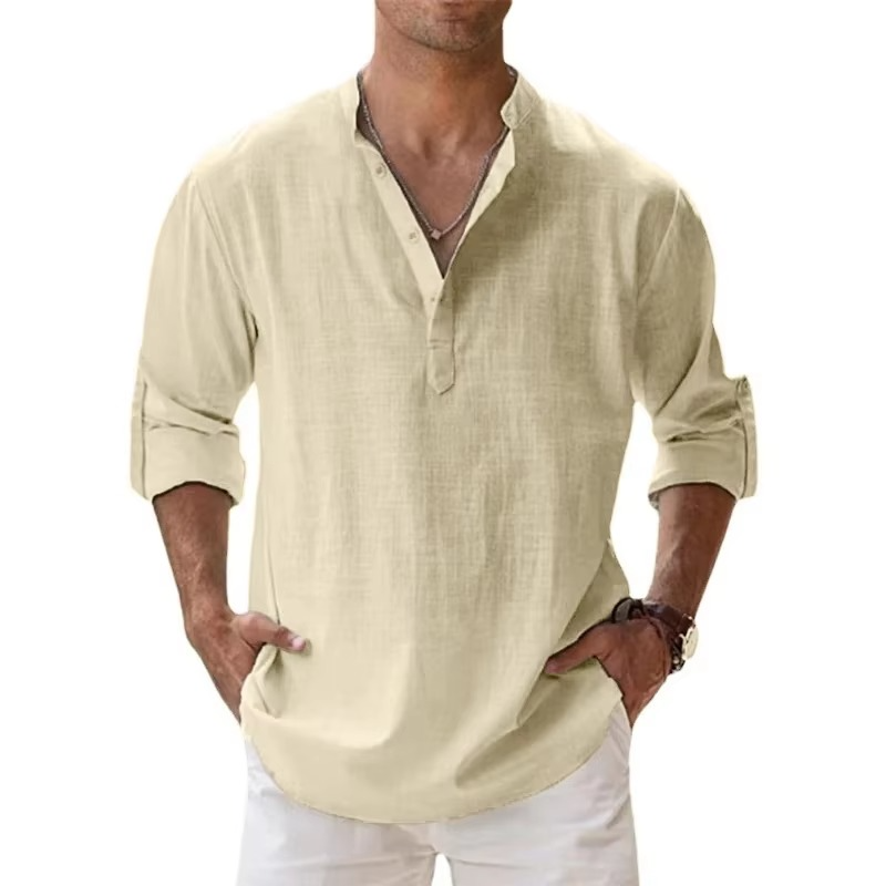 Street-Wave Lightweight Cotton Linen Henley Shirt For Men Long Sleeve Beachwear Casual Summer Essential