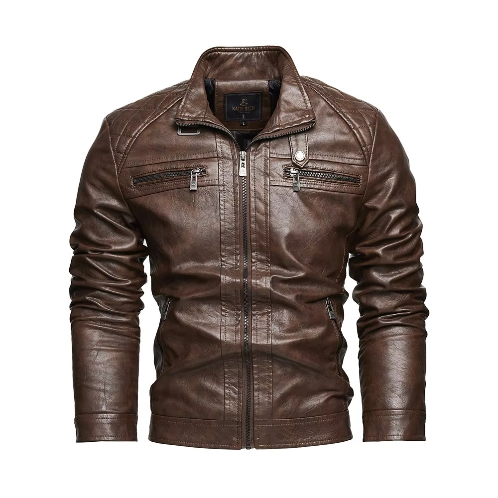 Street-Wave Men Vintage PU Leather Moto Jacket Stand Collar Biker Coat For Autumn And Winter