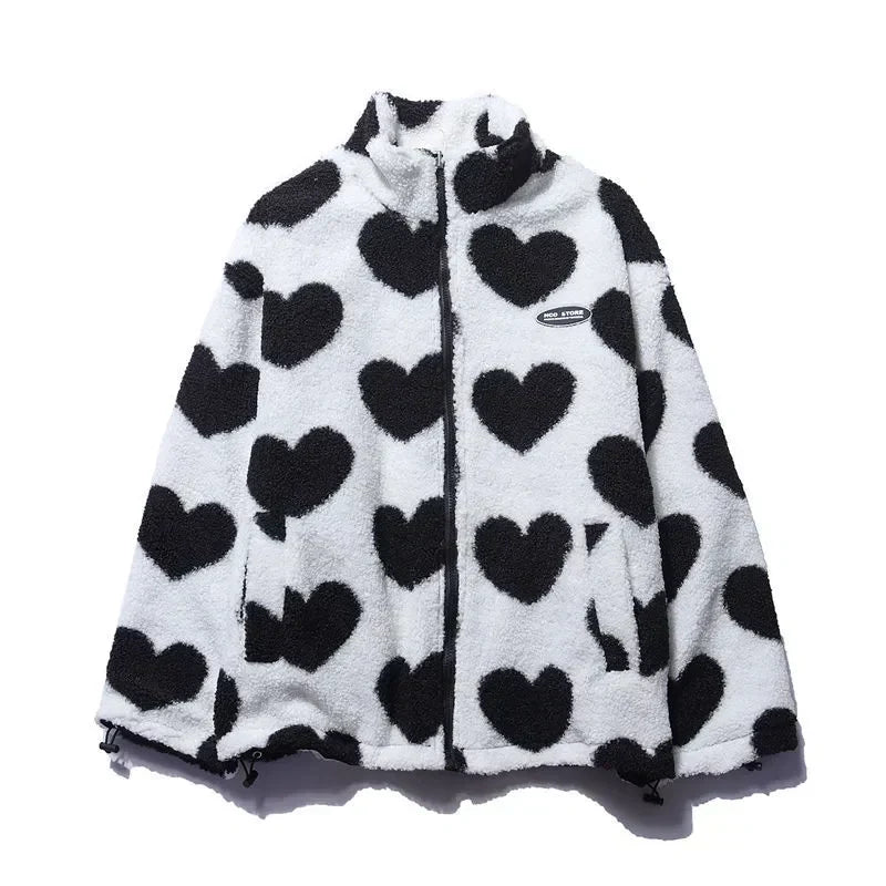 Street-wave Reversible Jacket With Heart Print For Women Two-Way Styling Cozy Warmth