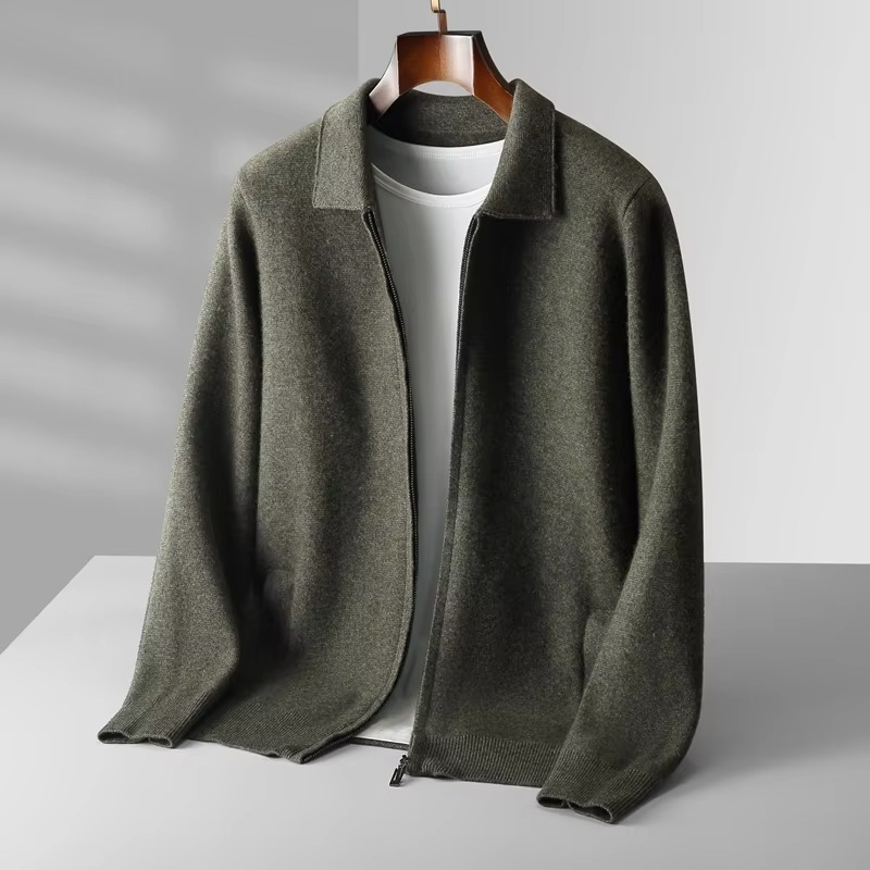 Street-Wave Men's 100 Percent Wool Cardigan Sweater With Classic Knit Lapel Design For Timeless Warmth