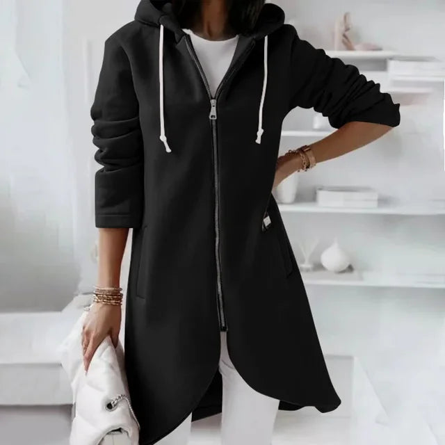 Street Wave Cozy Hooded Cardigan With Curved Hem And Double Pockets For Women Cotton Blend Comfort