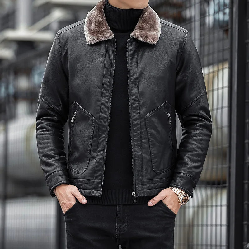 Street-Wave Leather Jacket With Faux Fur Lining For Men Warm Slim Fit Urban Style