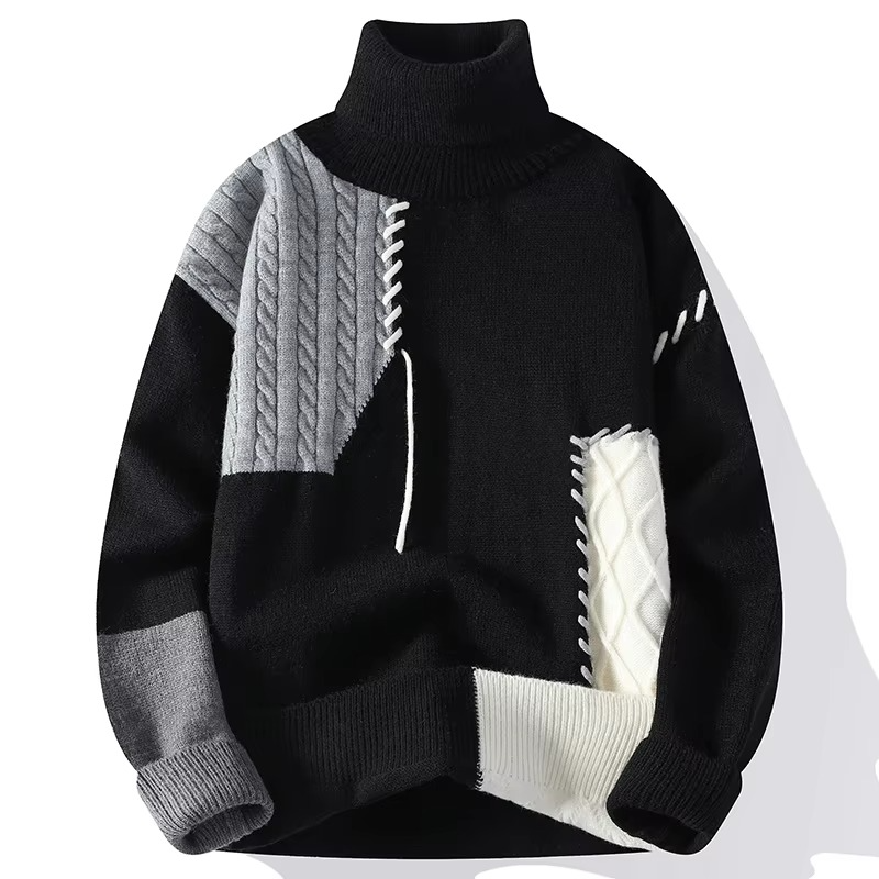 Mens Patchwork Knit Turtleneck Sweater Casual Warm Pullover For Autumn And Winter Wear