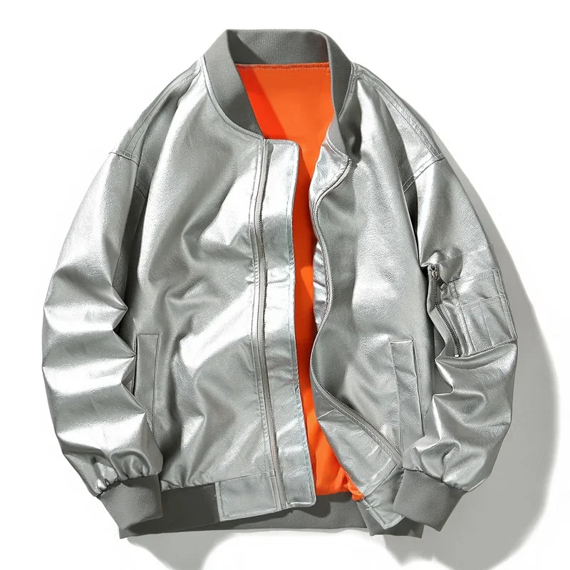 Street-wave Vegan Bomber Jacket Flight-Inspired Outerwear With Bold Orange Lining For Urban Streetwear
