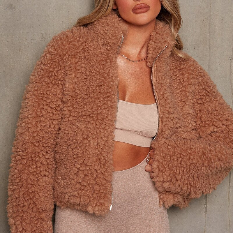 Street-wave Teddy Cropped Jacket For Women Cozy Faux Shearling Zip Front Outerwear Must Have