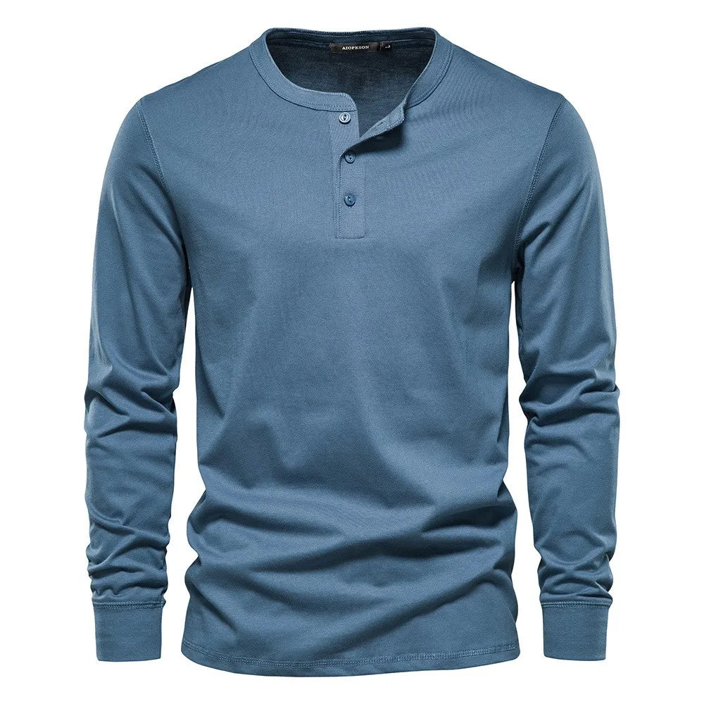 Men Long Sleeve Henley Shirt Navy Street Wave Comfort