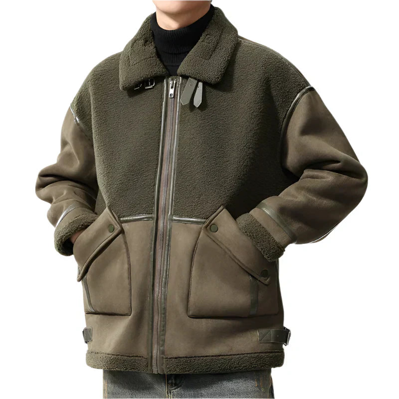 Street-Wave Aviator Jacket Hunter Warm Shearling-Lined Flight Coat For Men Classic Bomber Style With Rugged Leather Panels
