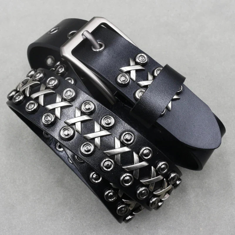 Street-Wave Rebel Noir Skull Studded Leather Belt For Men With Adjustable Buckle And Silver Stud Accents