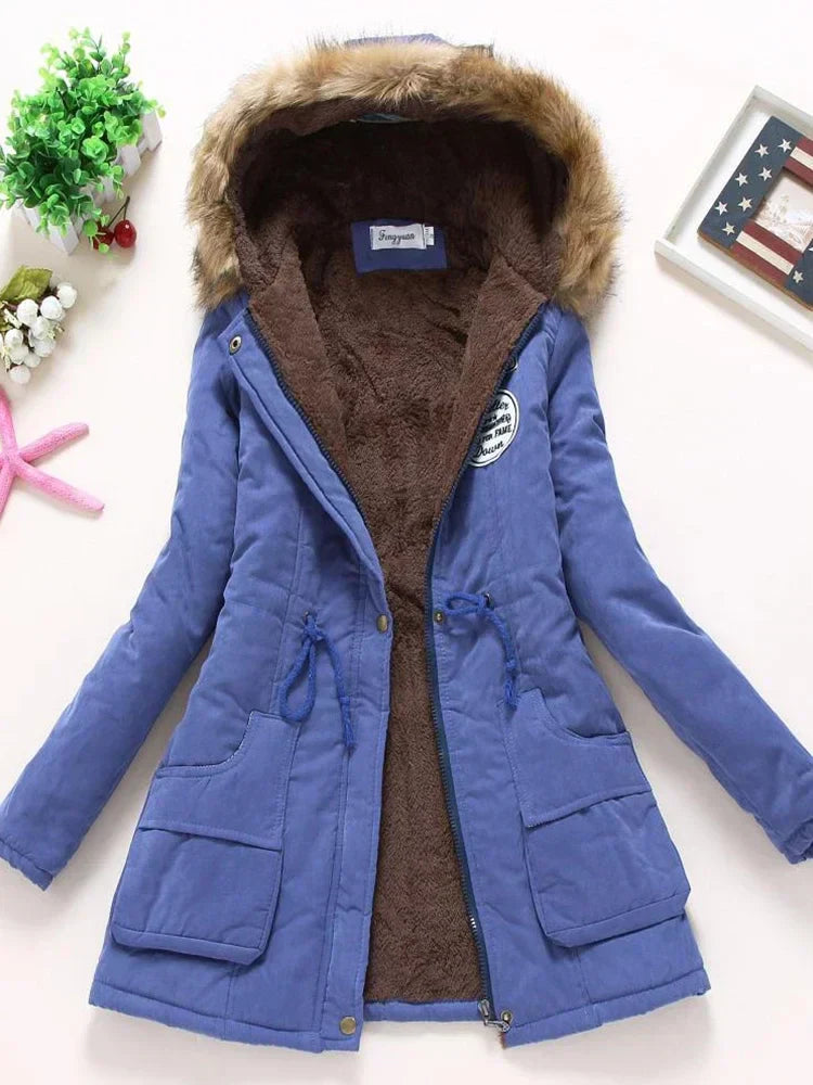 Street-wave Womens Fur Hooded Parka Jacket Cozy Warm Cotton Blend for Casual Outings
