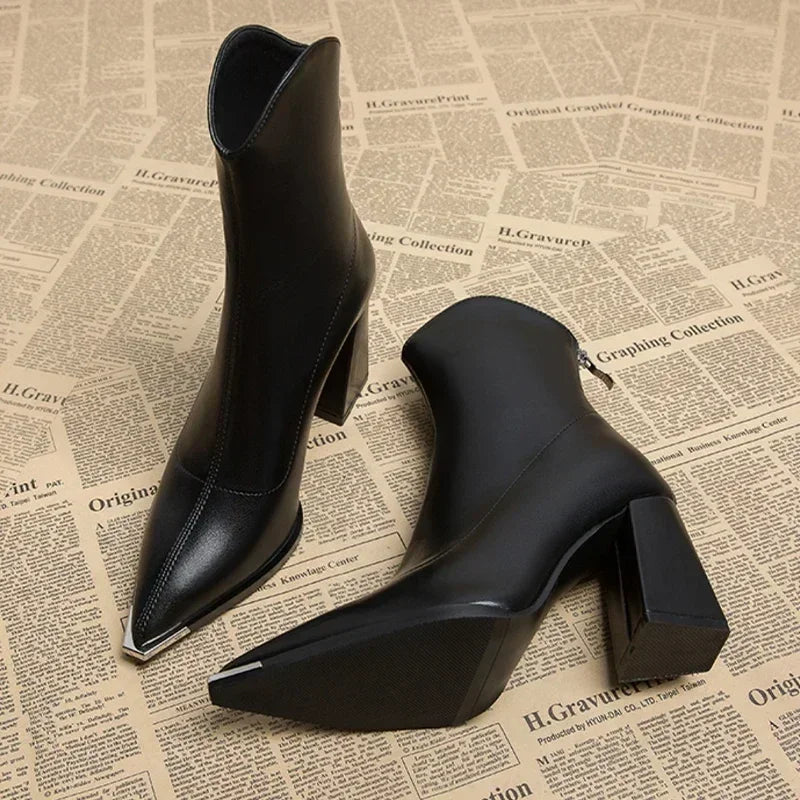 Street-Wave Leather Ankle Boots For Women - Elegant Square-Heel Design With All Day Comfort