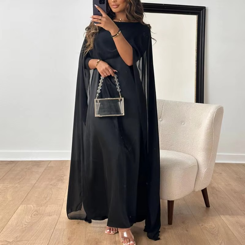 Elegant Chiffon Long Evening Dress with Flowing Shawl Sleeves