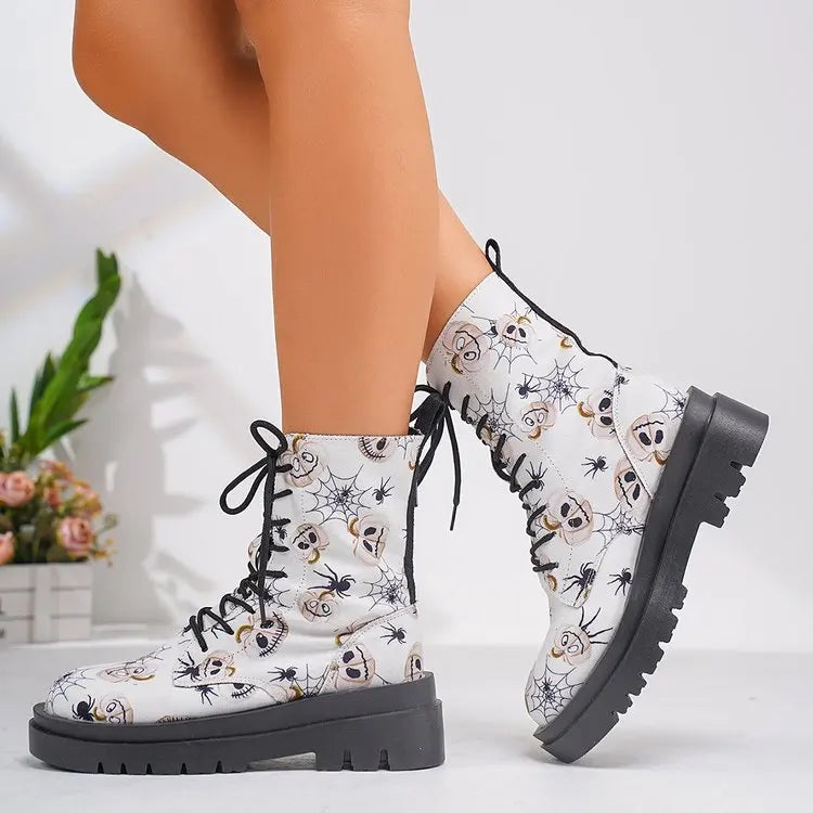 Street-wave Women's Lace-Up Boots Floral Print All-Season Comfort Chunky Lug Sole Casual Wear