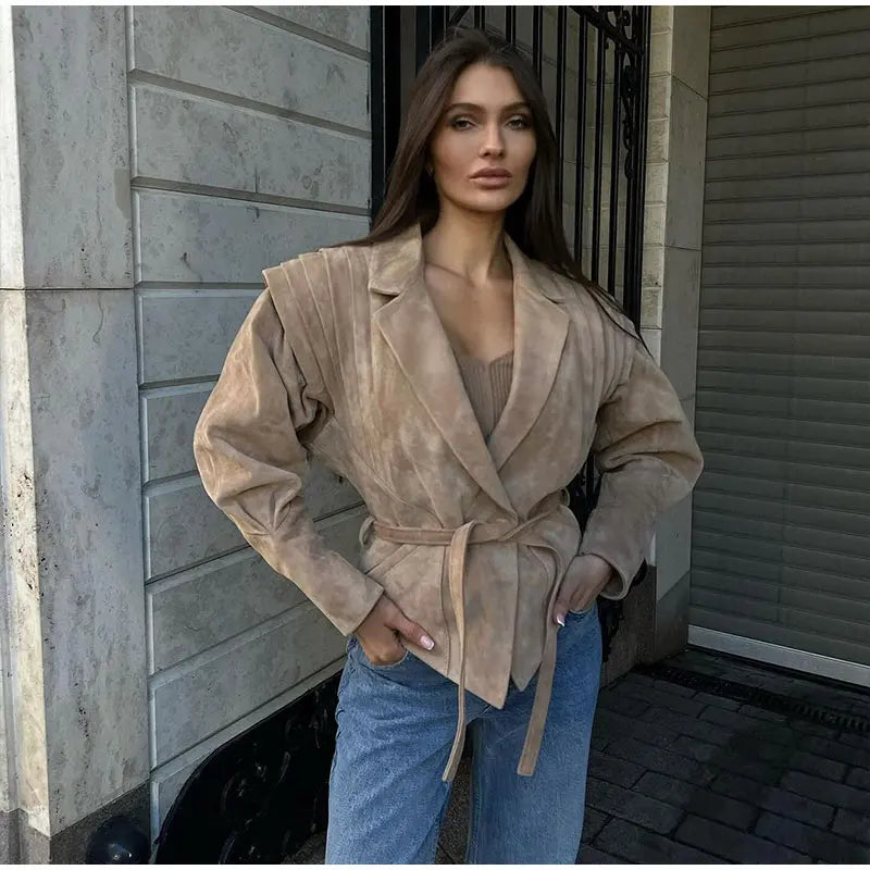 Street-wave Bad Feeling Jacket With Lace Up Detailing And Belted Silhouette For Fashion Forward Women