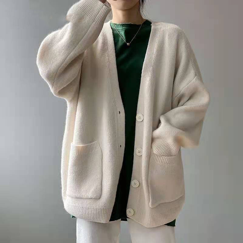 Street-wave Black Cardigan For Women Oversized Cozy Knit With Button Front Streetwear Essential