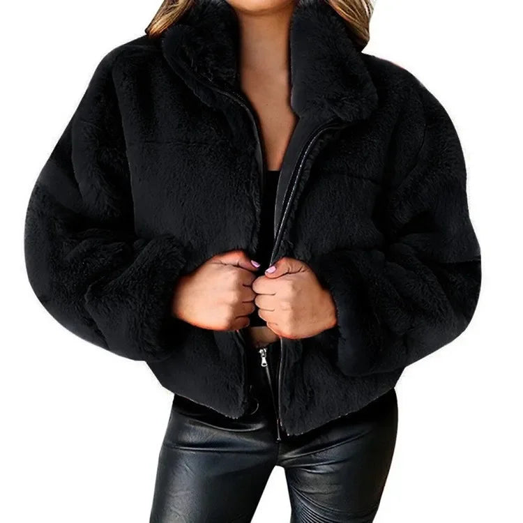 Street-Wave Velvet Touch Zip Coat For Women Cozy Warmth Plush Breathable Blend Premium Winter Essential